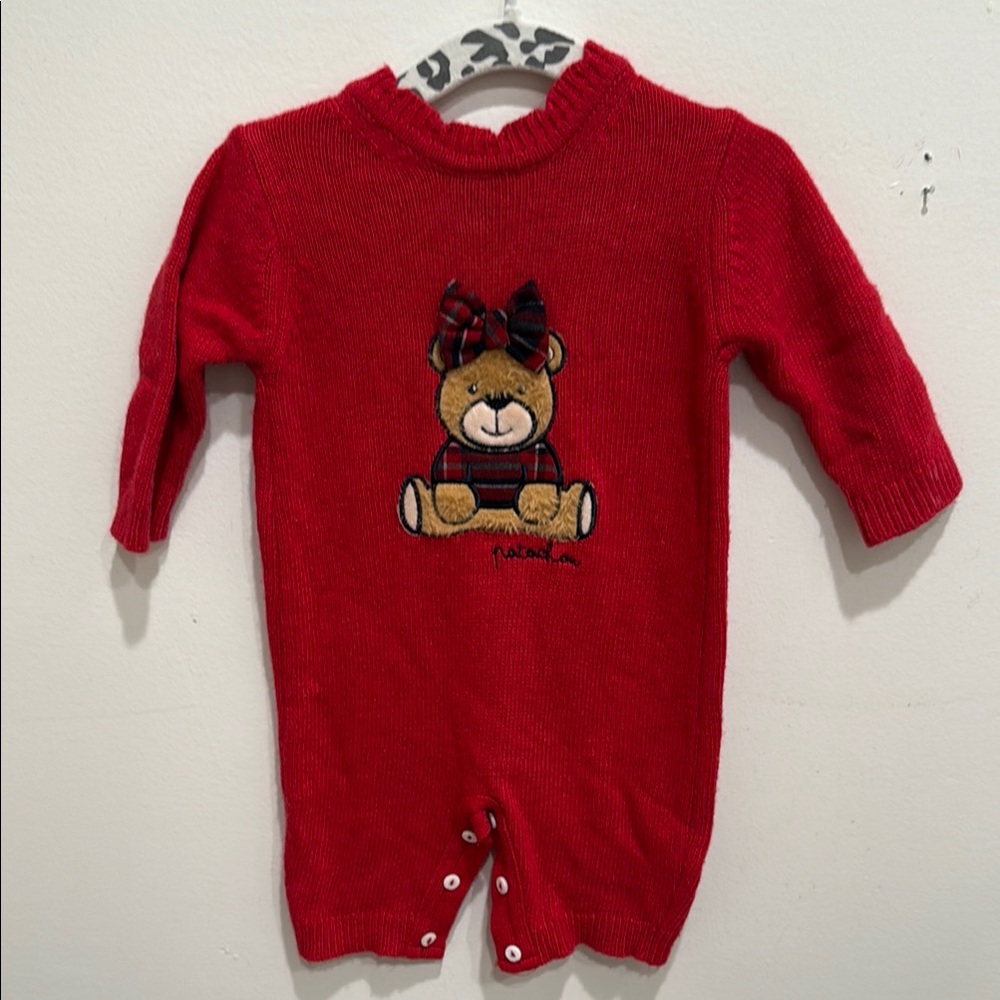 Red Baby Romper with Teddy Bear Design